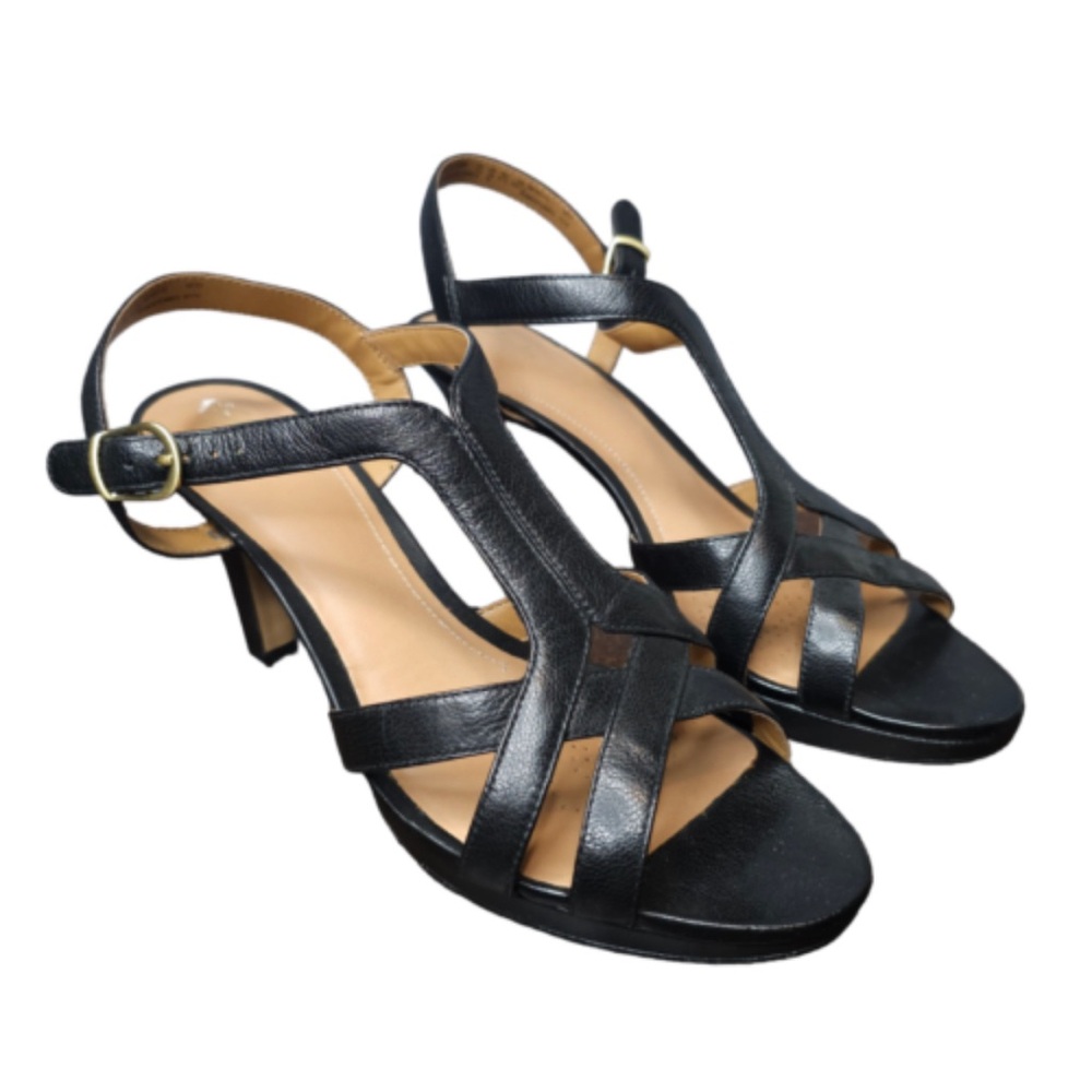 Clarks black leather strappy gold clasp heels size 9